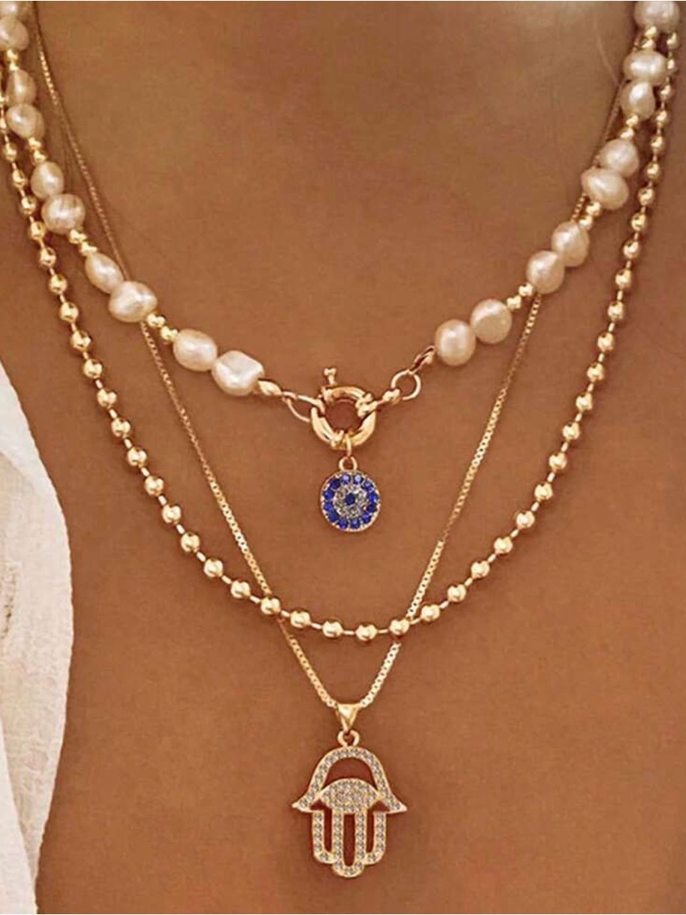 NEW Layered Gold Pearl Necklace for Women, Faux Pearl Beaded Chain Necklace, Evi